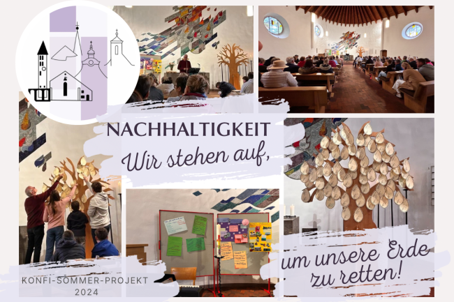 Gemeinde in der Himmelfahrtskirche, Senfkornbaum und Metaplanwand mit den Ideen der Konfis